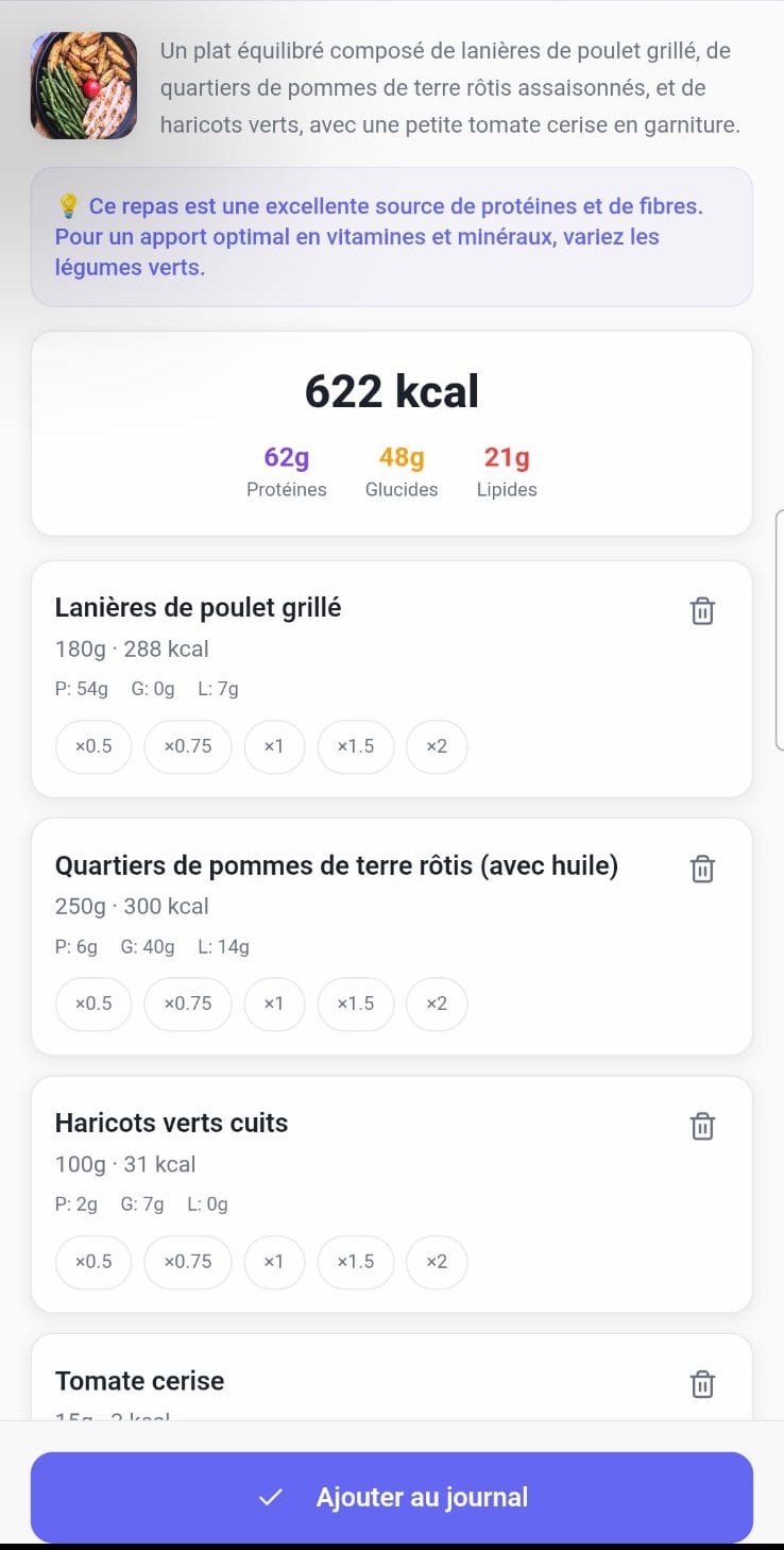 Écran de résultat de l'application : un plat de poulet grillé analysé, 622 kcal, avec le détail de chaque aliment et les boutons de portion.